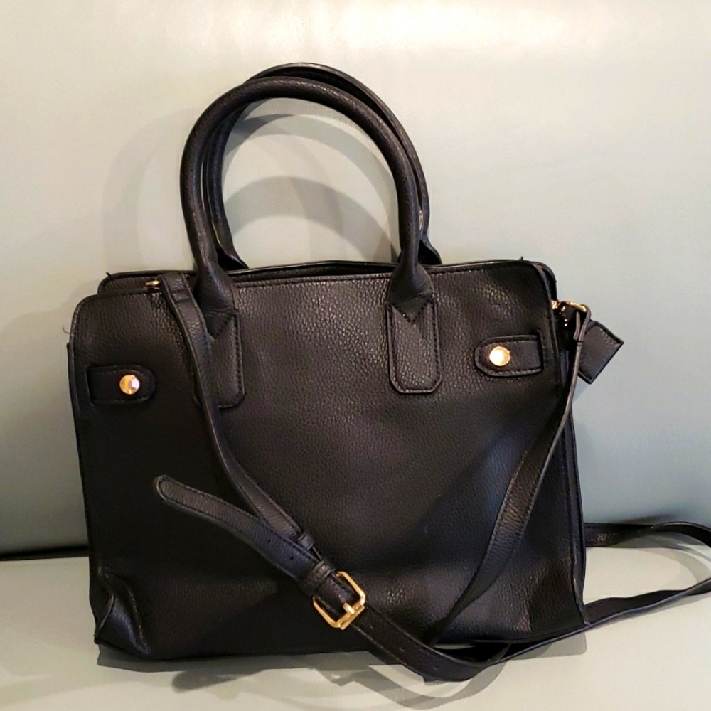 A New Day Adjustable Satchel Black three compartments. Faux Pebbled Leather.